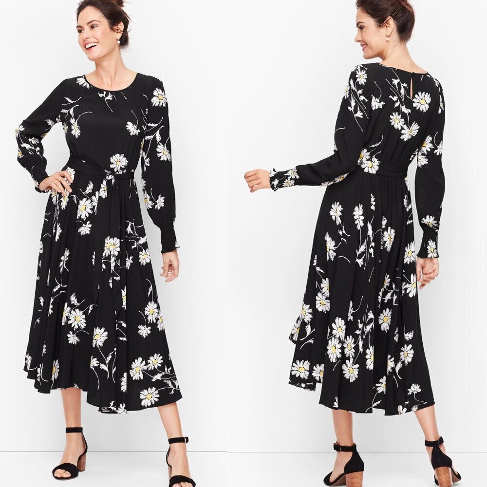 Talbots Black/Yellow Vintage Daisy Fit & Flare Midi Dress- 47034